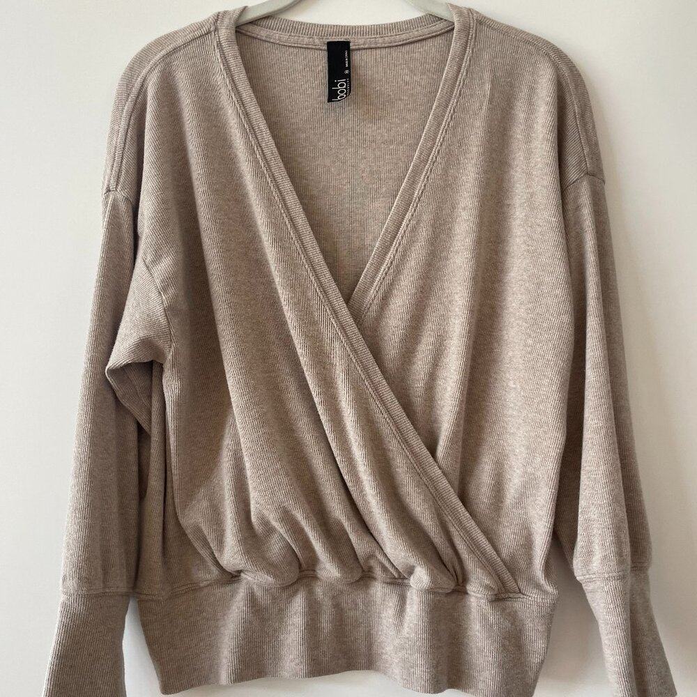 Bobi Los Angeles Wrap‎ Front Long Sleeve Top in Oatmeal, Size Medium